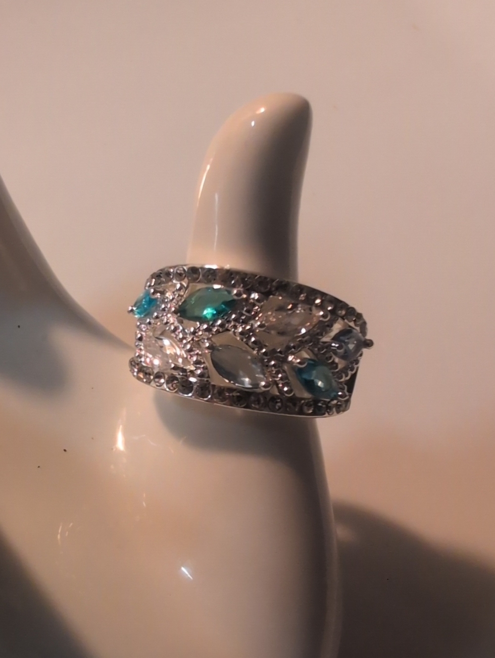 Silver Crystal Band Ring with Blue and Clear Stones